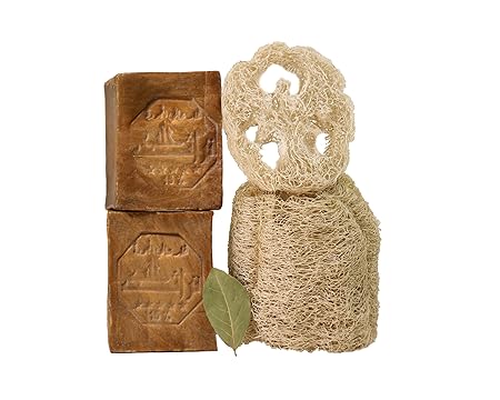 Kanaan Aleppo Soap – Pack of 2 with Loofah (15% Laurel Oil, 85% Olive Oil, 400g)