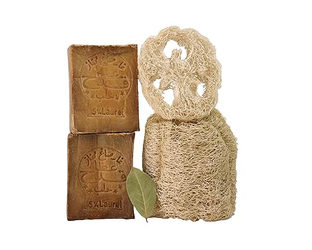 Kanaan Aleppo Soap – Pack of 2 with Loofah (25% Laurel Oil, 75% Olive Oil, 400g)