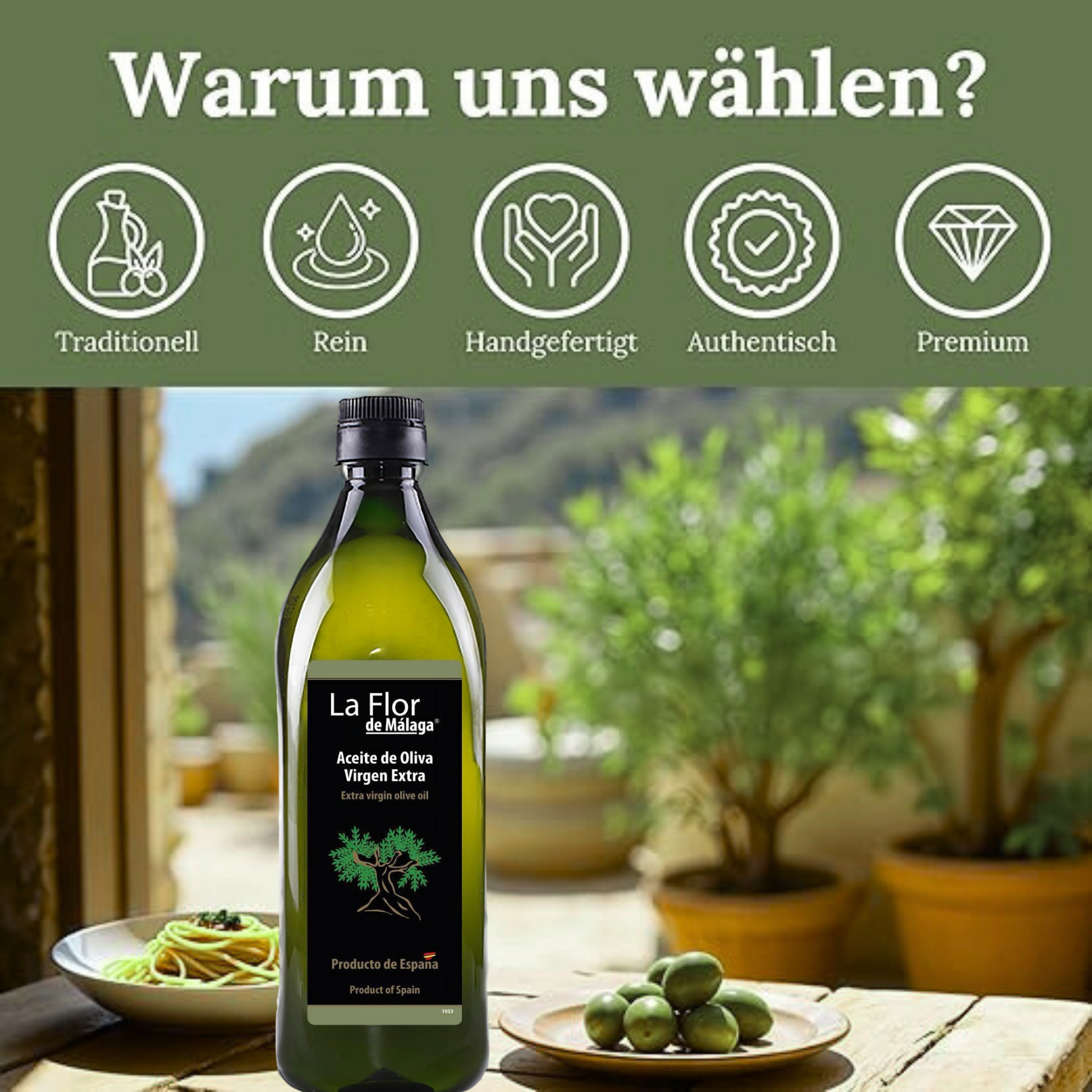 Natives Olivenöl Extra – 1L (35,2 fl oz) | Produkt aus Spanien | Kalt extrahiert, mechanisches Verfahren | Vielseitig für Kochen, Salate & Rezepte