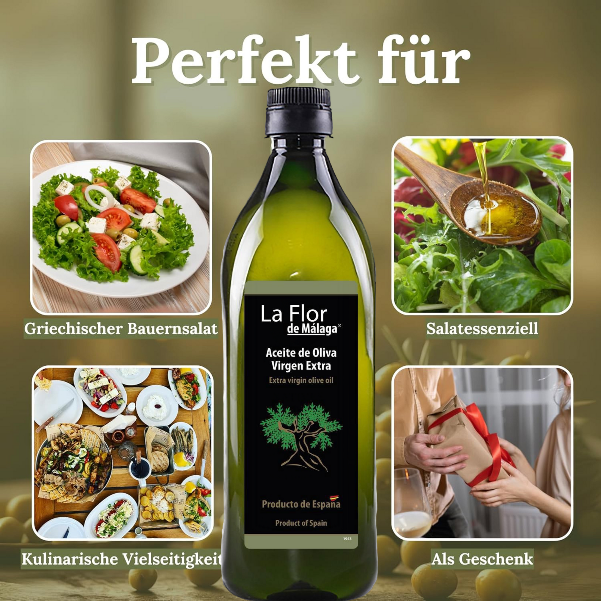Natives Olivenöl Extra – 1L (35,2 fl oz) | Produkt aus Spanien | Kalt extrahiert, mechanisches Verfahren | Vielseitig für Kochen, Salate & Rezepte